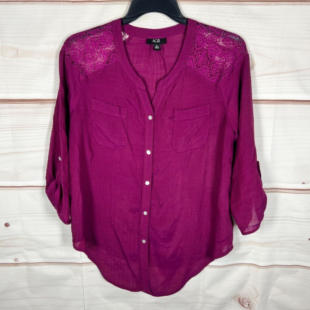 AGB‎ Top Womens XL Purple Button Up Shirt Lace Shoulder Tab Sleeve Lightweight